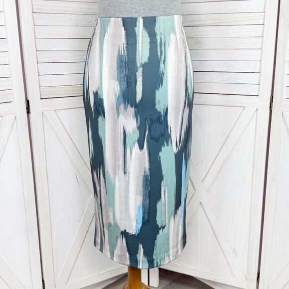 NY & Comp. Paint Stroke Print Stretch Scuba Knit Pencil Skirt Blue Grey 2 - Picture 1 of 13